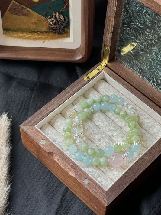 Green Grape Milk Cap Xiu Jade Gemstone Bracelet with Aquamarine, Rose Quartz, White Phantom Quartz, Shell Pearls, High-Quality Color-Enhanced Accessories