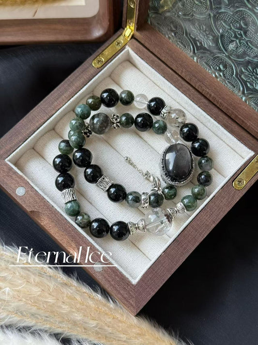 Green Tourmaline Crystal Gemstone Bracelet with Obsidian, Green Phantom and High Color Retention Alloy Accessories