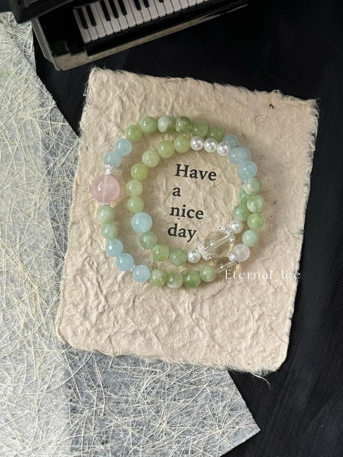 Green Grape Milk Cap Xiu Jade Gemstone Bracelet with Aquamarine, Rose Quartz, White Phantom Quartz, Shell Pearls, High-Quality Color-Enhanced Accessories