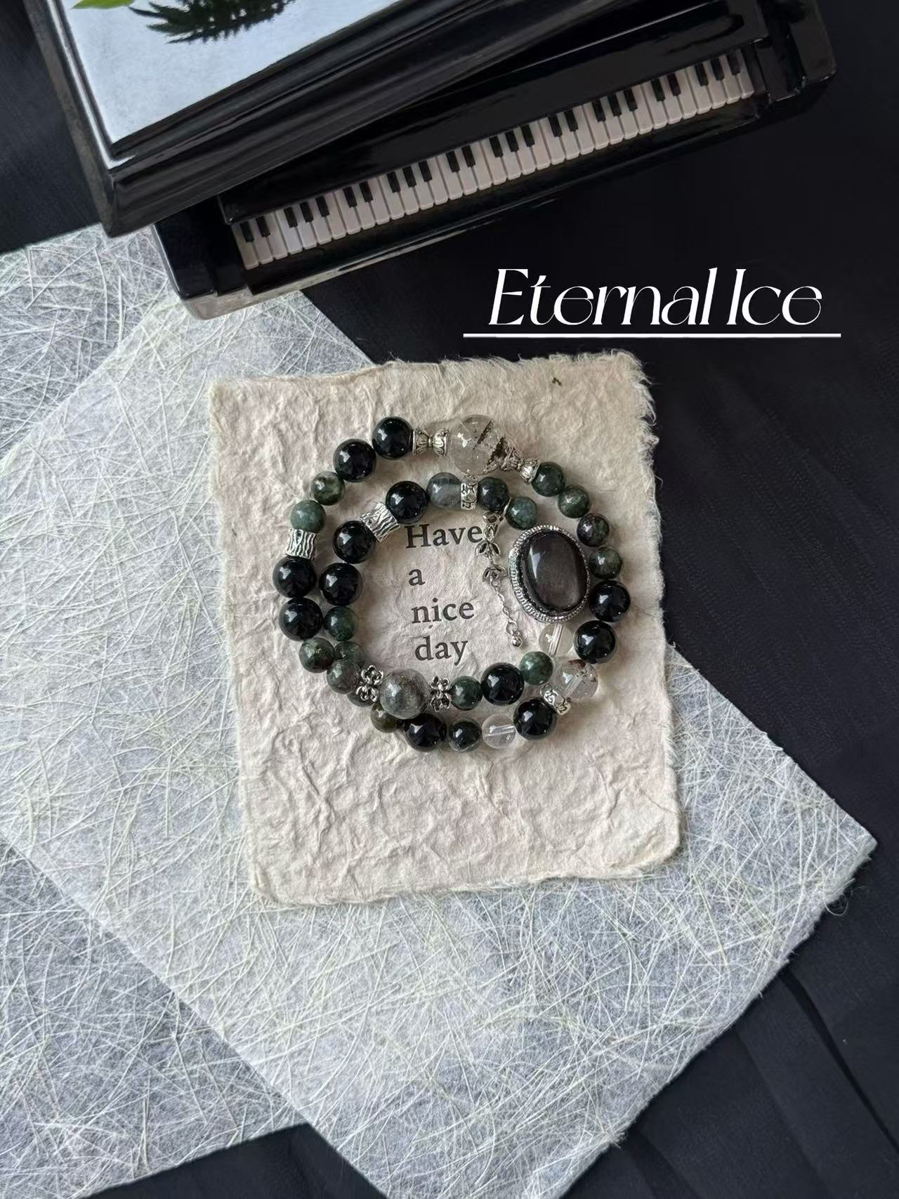 Green Tourmaline Crystal Gemstone Bracelet with Obsidian, Green Phantom and High Color Retention Alloy Accessories