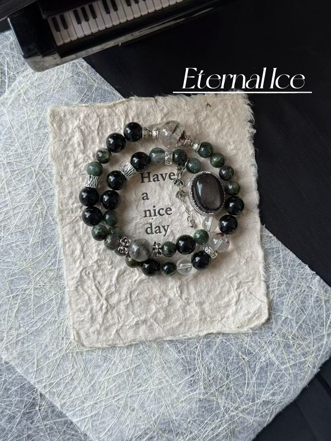 Green Tourmaline Crystal Gemstone Bracelet with Obsidian, Green Phantom and High Color Retention Alloy Accessories