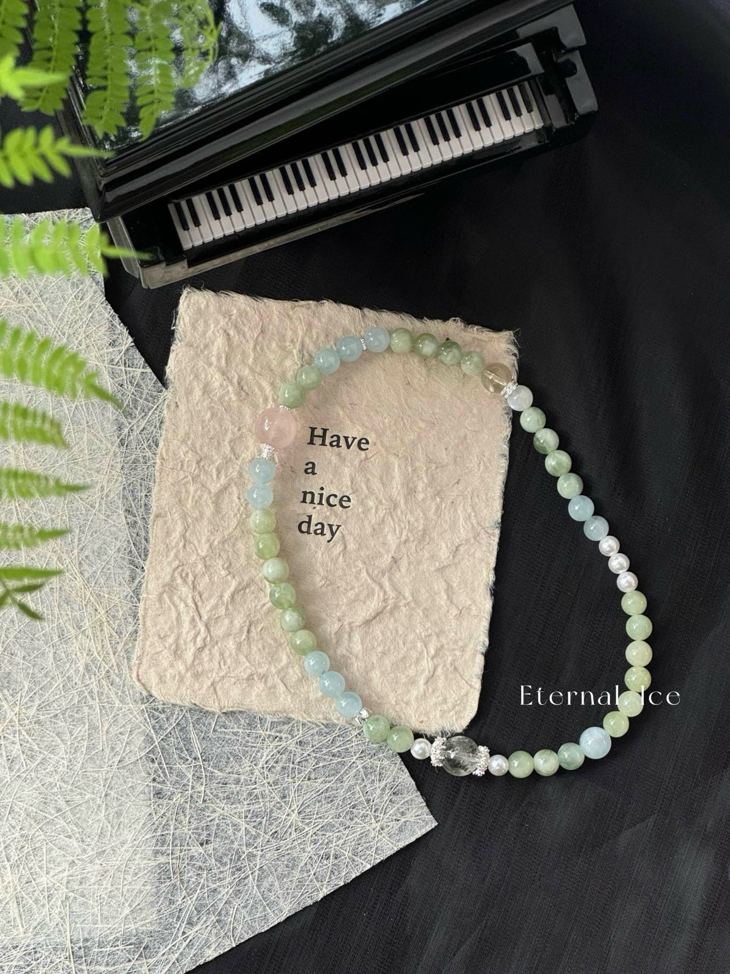 Green Grape Milk Cap Xiu Jade Gemstone Bracelet with Aquamarine, Rose Quartz, White Phantom Quartz, Shell Pearls, High-Quality Color-Enhanced Accessories